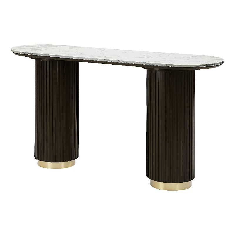 Bowery Hill Wood and Artificial Marble Sofa Table in White and Espresso