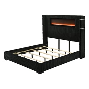 Bowery Hill Eastern King Bed with Fireplace in Black and Gray Corduroy