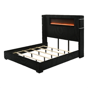 Bowery Hill Queen Bed with Fireplace in Black and Gray Corduroy