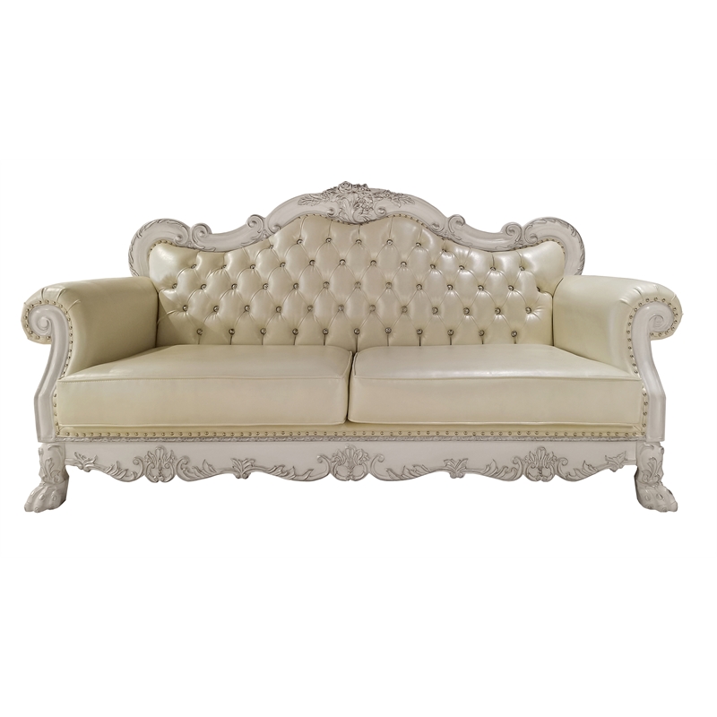 Bowery Hill Upholstered Faux Leather Sofa with 4 Pillows in White