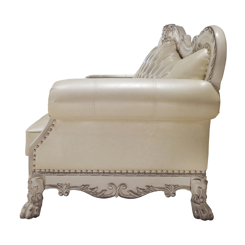 Bowery Hill Upholstered Faux Leather Sofa with 4 Pillows in White