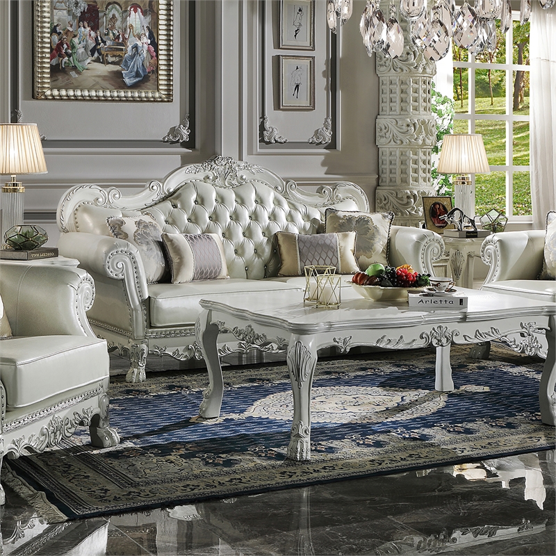 Bowery Hill Upholstered Faux Leather Sofa with 4 Pillows in White