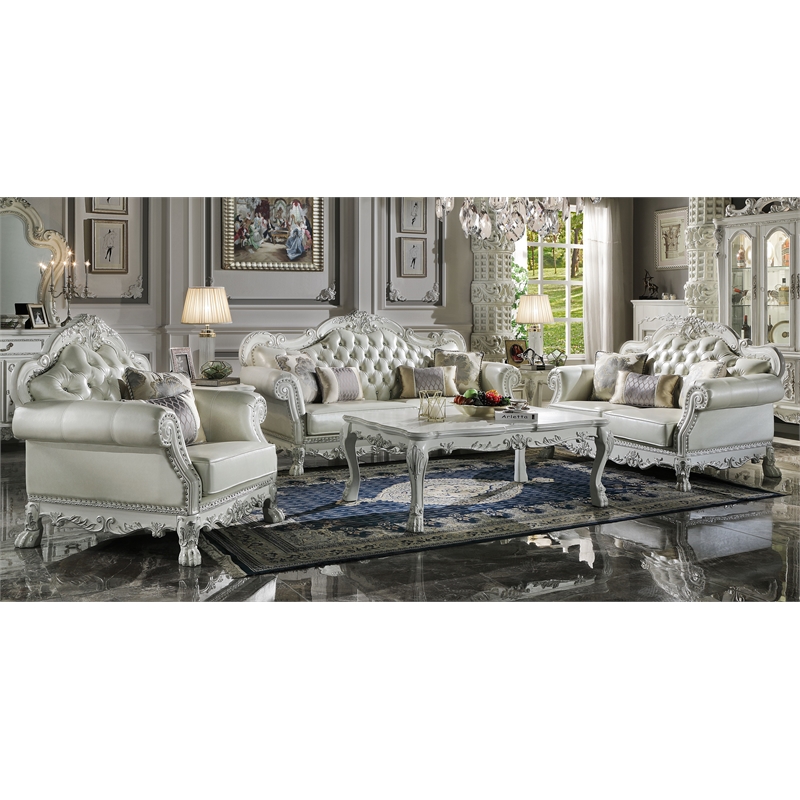 Bowery Hill Upholstered Faux Leather Sofa with 4 Pillows in White
