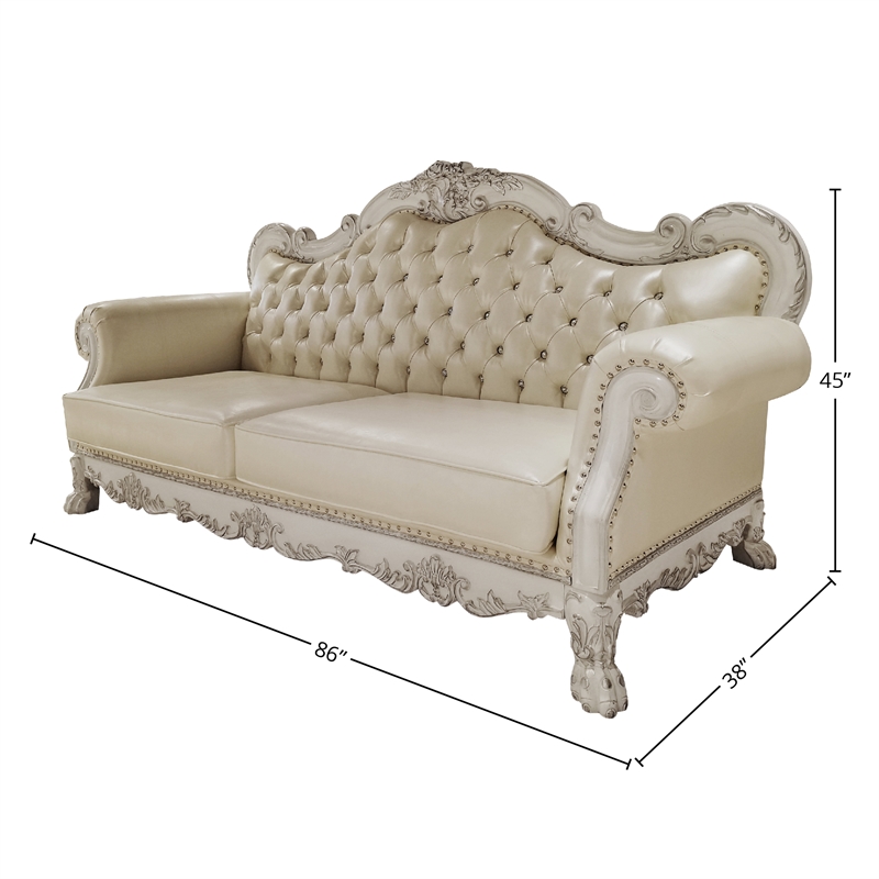 Bowery Hill Upholstered Faux Leather Sofa with 4 Pillows in White