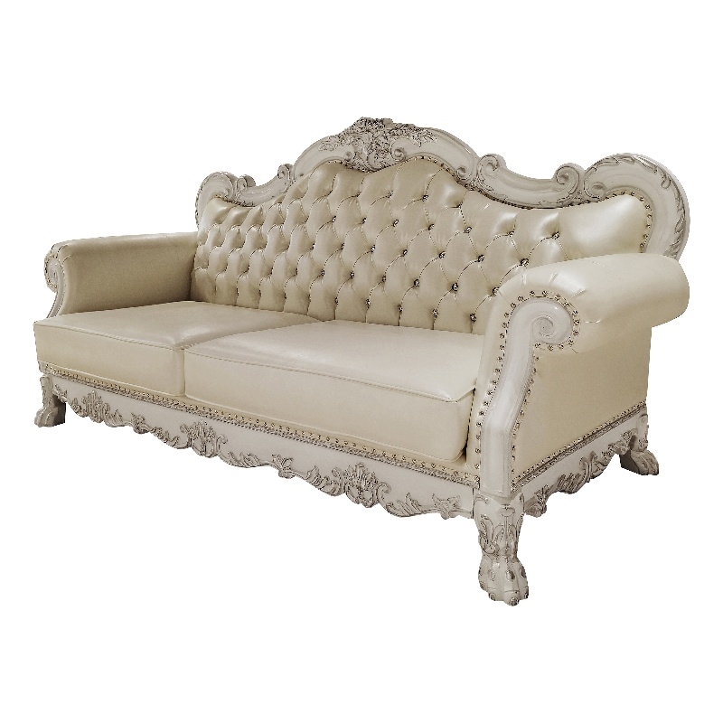 Bowery Hill Upholstered Faux Leather Sofa with 4 Pillows in White