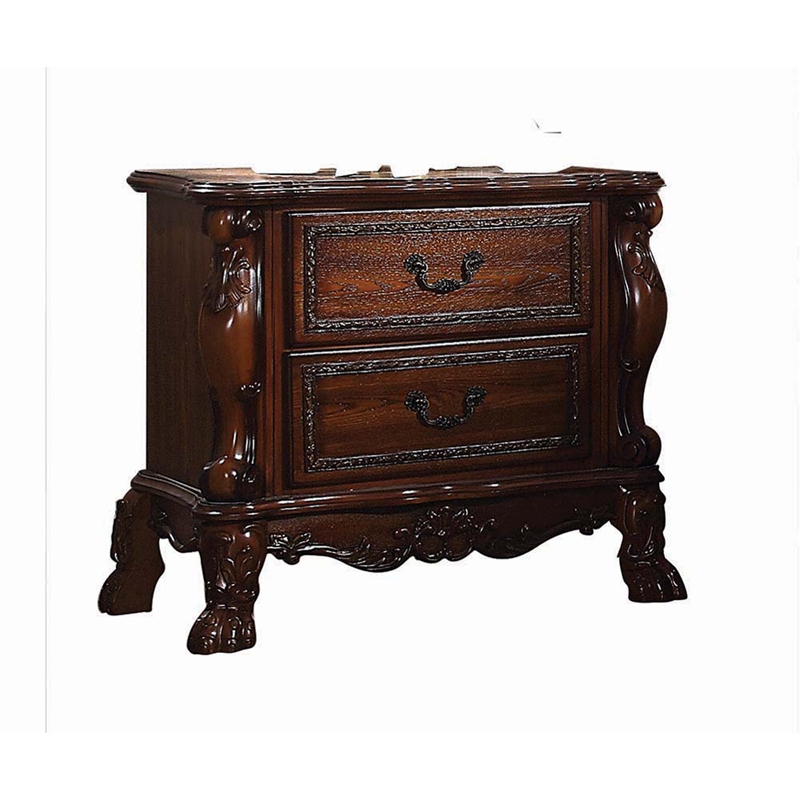 Bowery Hill Carved Wooden Nightstand with 2 Drawers in Cherry Oak