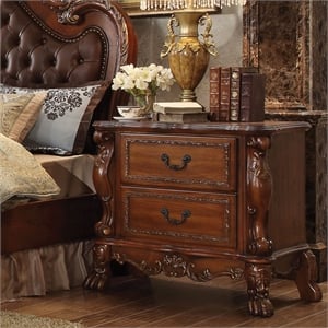 Bowery Hill Carved Wooden Nightstand with 2 Drawers in Cherry Oak