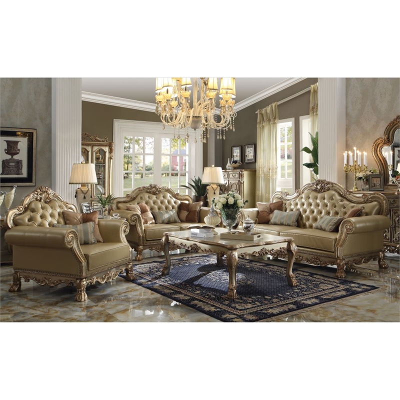 Bowery Hill Sofa with 4 Pillows in Bone Faux Leather and Gold Patina
