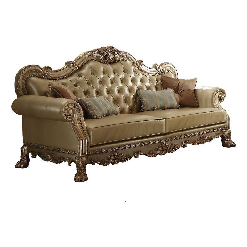 Bowery Hill Sofa with 4 Pillows in Bone Faux Leather and Gold Patina
