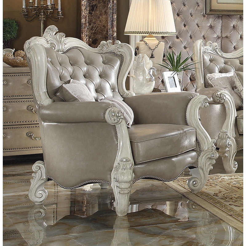 Bowery Hill Chair with 2 Pillows in Gray Faux Leather and Bone White