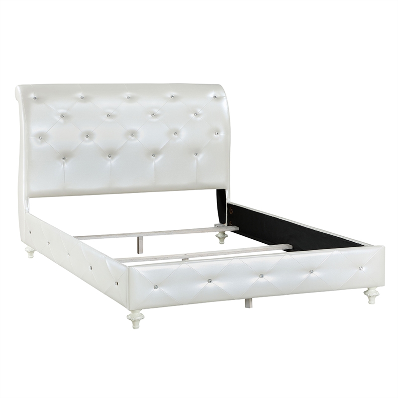 Bowery Hill Padded Sleigh Twin Bed in Pearl White Faux Leather and Ivory
