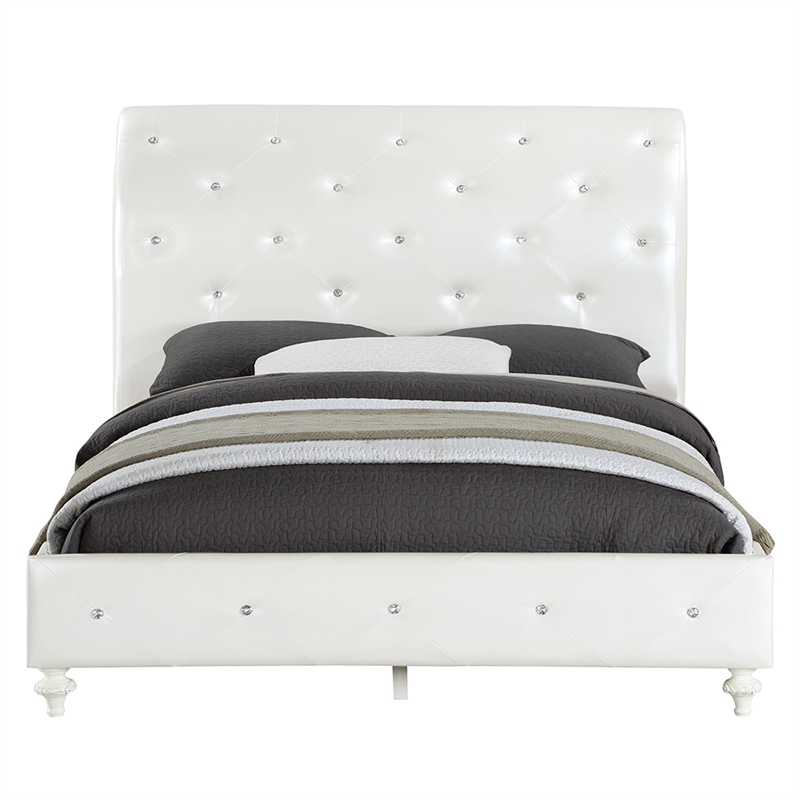 Bowery Hill Padded Sleigh Twin Bed in Pearl White Faux Leather and Ivory