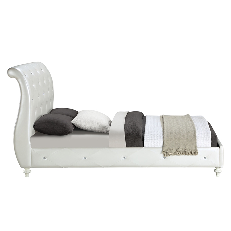 Bowery Hill Padded Sleigh Twin Bed in Pearl White Faux Leather and Ivory