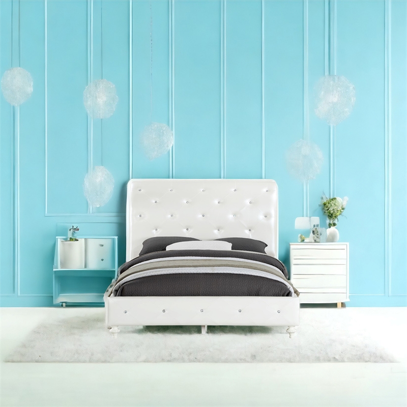 Bowery Hill Padded Sleigh Twin Bed in Pearl White Faux Leather and Ivory