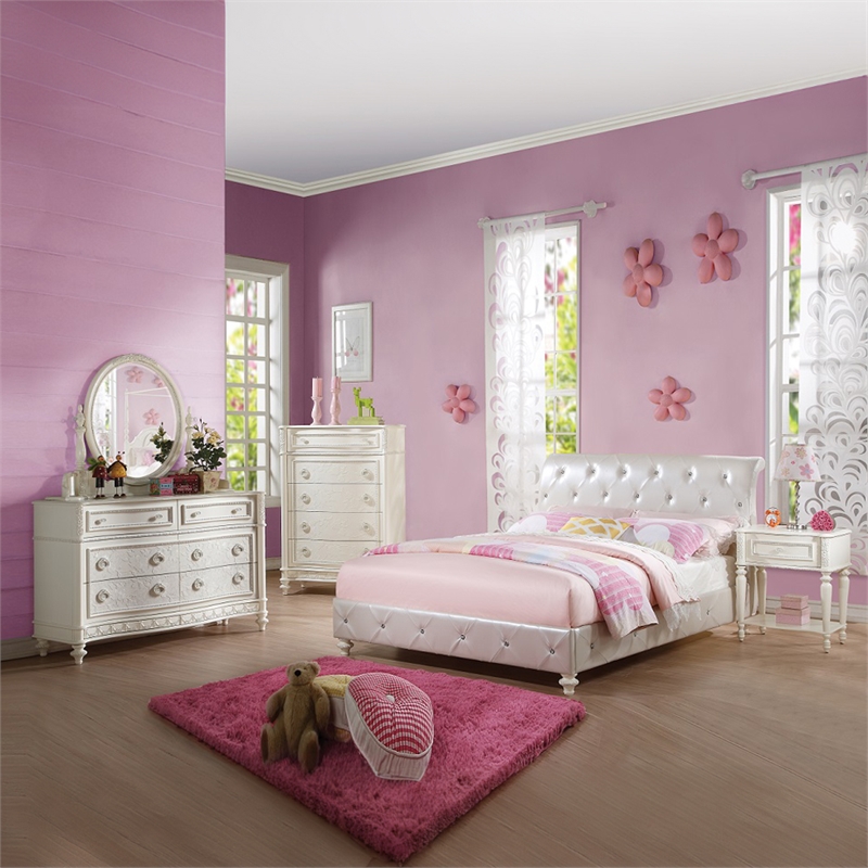 Bowery Hill Padded Sleigh Twin Bed in Pearl White Faux Leather and Ivory
