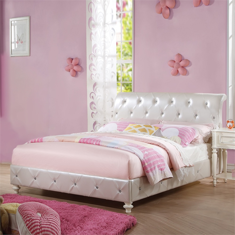 Bowery Hill Padded Sleigh Twin Bed in Pearl White Faux Leather and Ivory