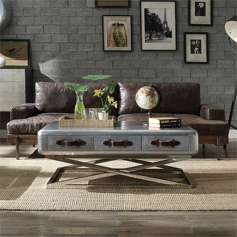 Bowery Hill Top Grain Leather Sofa in Oak and Distressed Chocolate