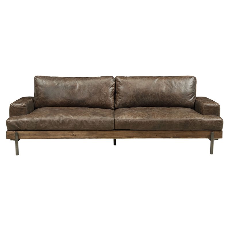 Bowery Hill Top Grain Leather Sofa in Oak and Distressed Chocolate