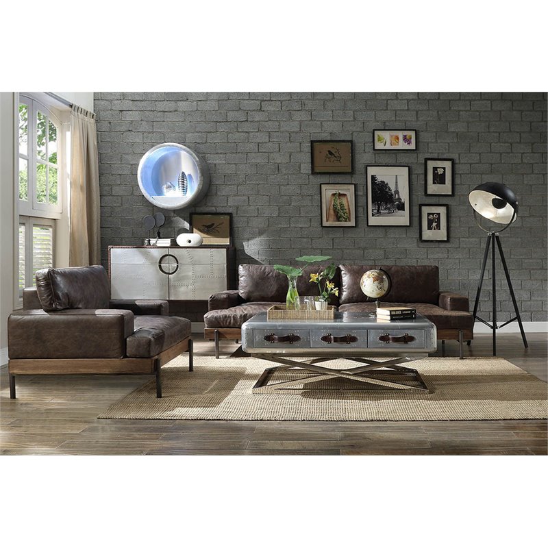 Bowery Hill Top Grain Leather Sofa in Oak and Distressed Chocolate