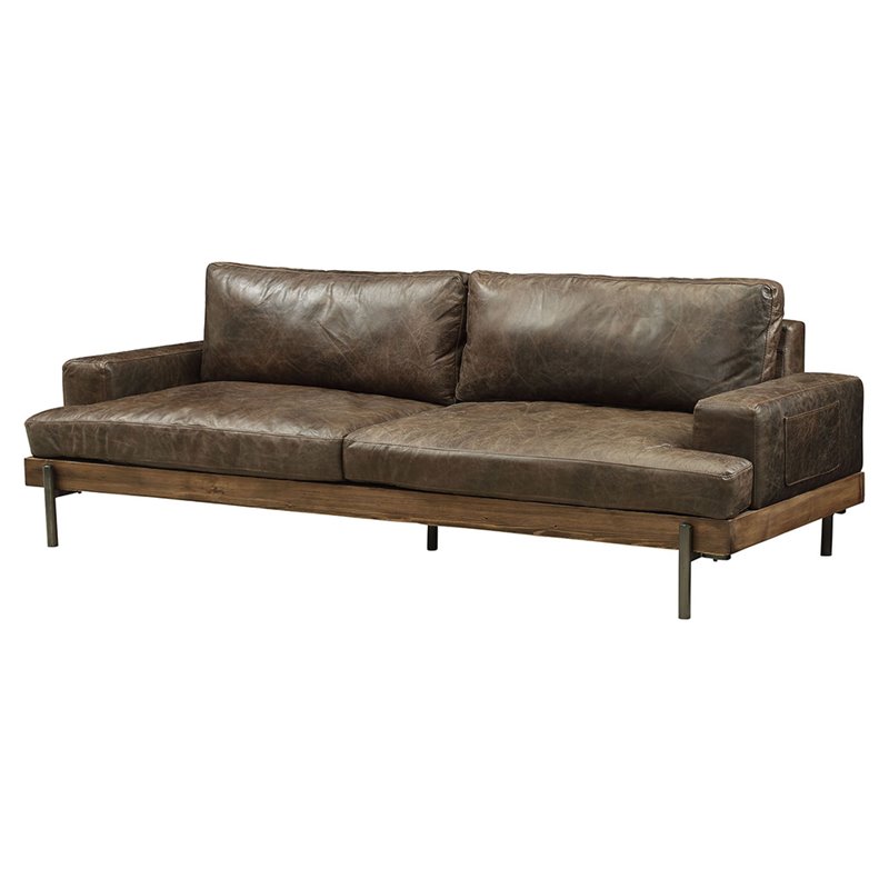 Bowery Hill Top Grain Leather Sofa in Oak and Distressed Chocolate