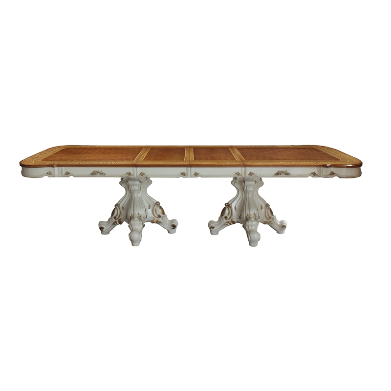 Bowery Hill Double Pedestal Dining Table in Antique Pearl and Cherry Oak