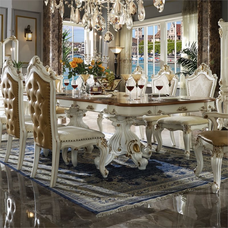 Bowery Hill Double Pedestal Dining Table in Antique Pearl and Cherry Oak