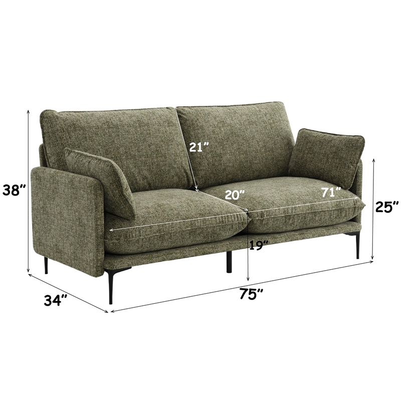 Bowery Hill Upholstered Sofa with 2 Pillows in Green Chenille