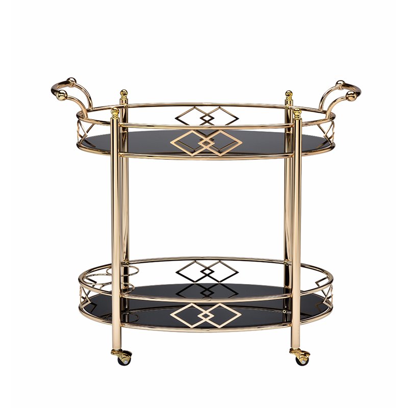 Bowery Hill Oval Glass Top Serving Cart with 2 Shelves in Gold