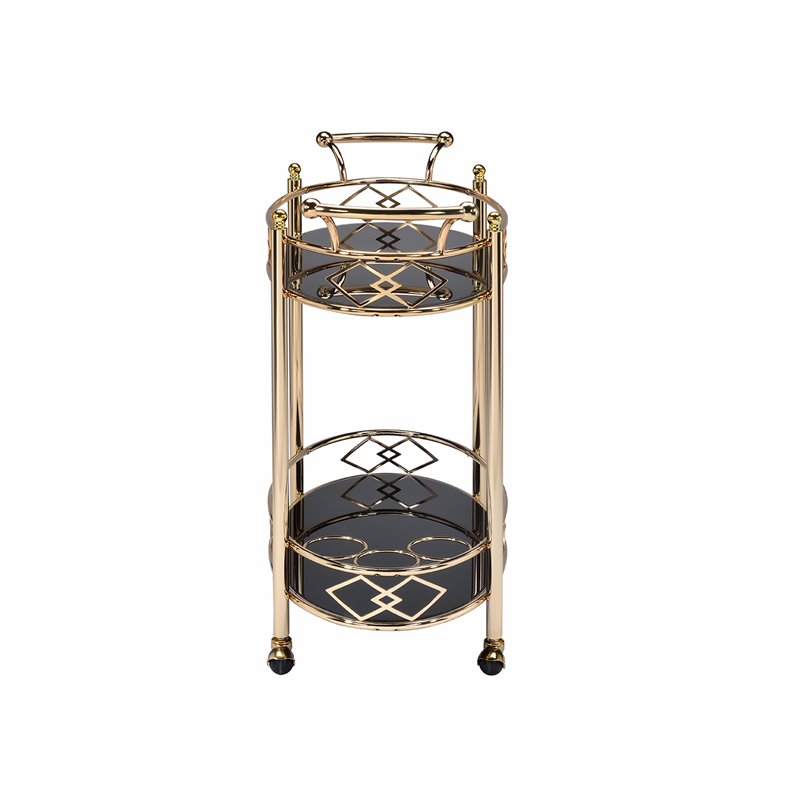 Bowery Hill Oval Glass Top Serving Cart with 2 Shelves in Gold