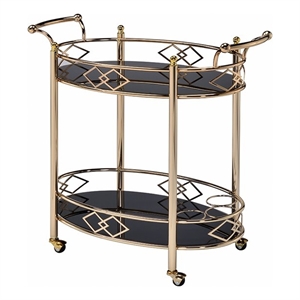 Bowery Hill Oval Glass Top Serving Cart with 2 Shelves in Gold