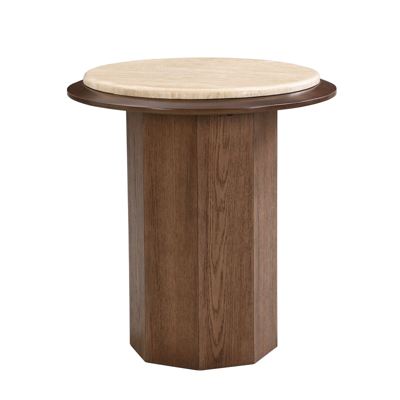 Bowery Hill Round End Table with Genuine Travertine Top in Walnut