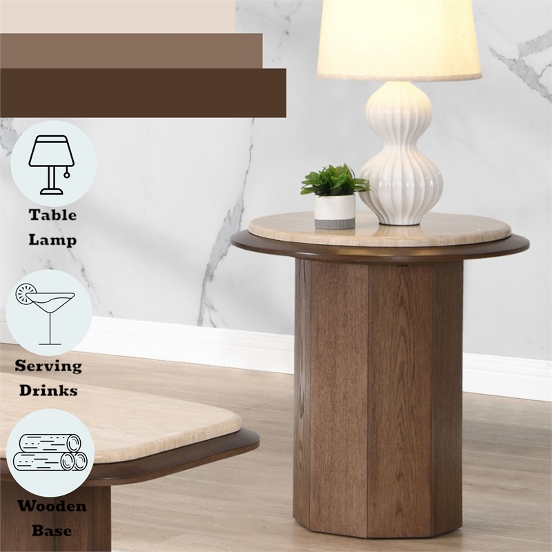 Bowery Hill Round End Table with Genuine Travertine Top in Walnut
