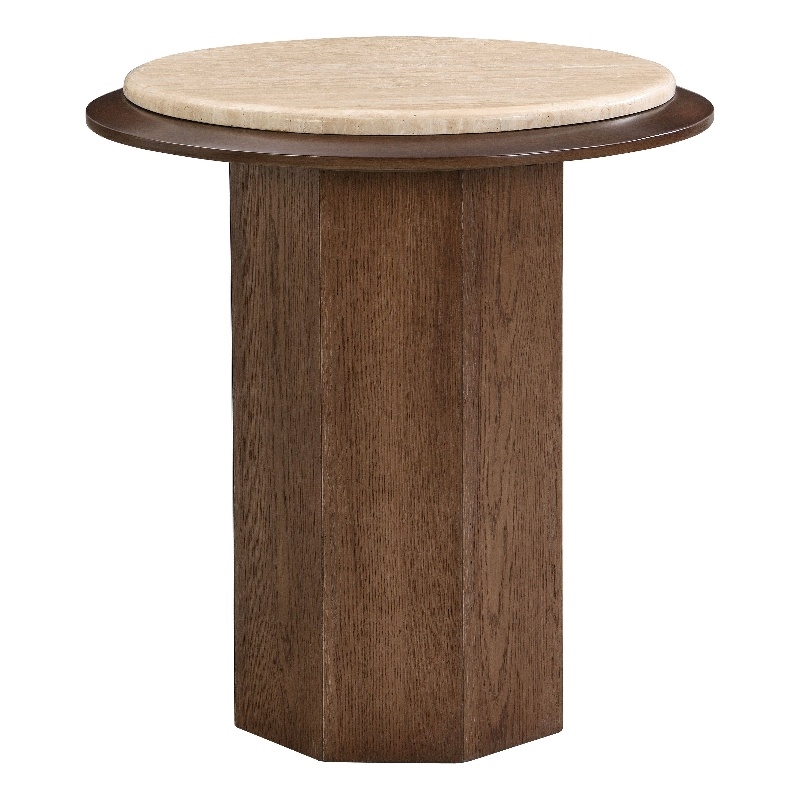 Bowery Hill Round End Table with Genuine Travertine Top in Walnut
