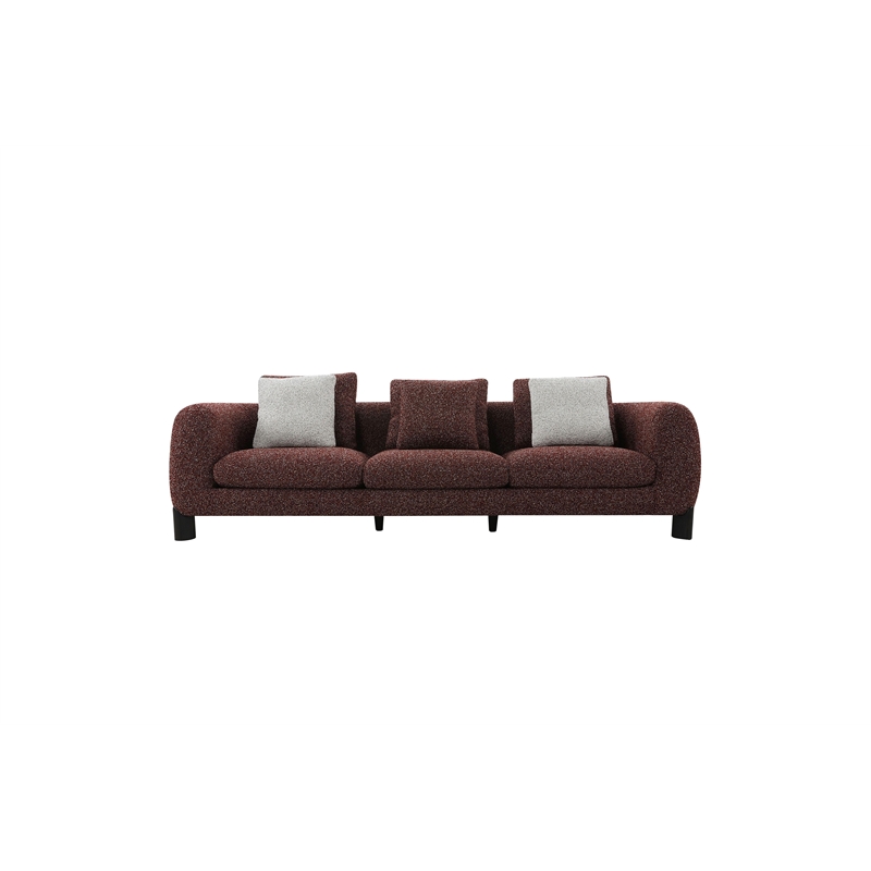 Bowery Hill Upholstered Sofa with 3 Pillows in Maroon Tweed Boucle