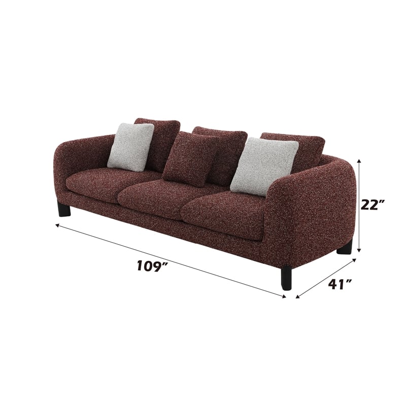 Bowery Hill Upholstered Sofa with 3 Pillows in Maroon Tweed Boucle