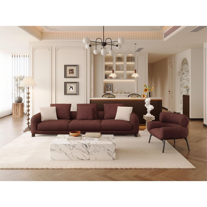 Bowery Hill Upholstered Sofa with 3 Pillows in Maroon Tweed Boucle