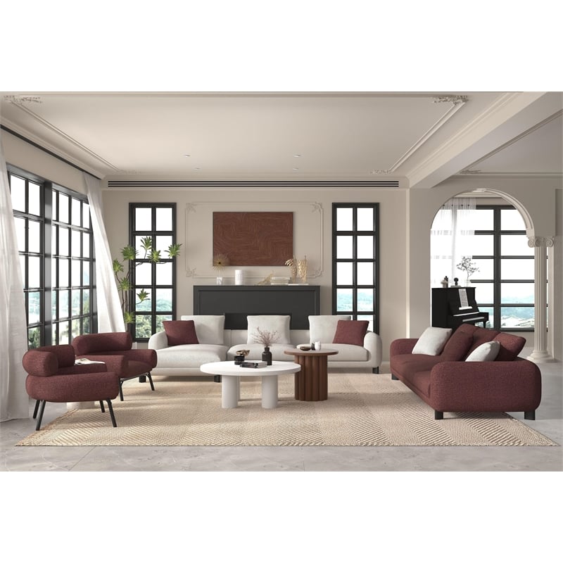Bowery Hill Upholstered Sofa with 3 Pillows in Maroon Tweed Boucle
