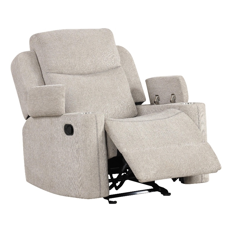 Bowery Hill Motion Glider Recliner with Storage Arms in Light Gray Chenille