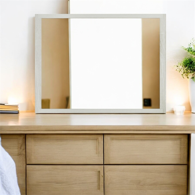 Bowery Hill Rectangular Wall Mirror with Upholstered Beige Linen Frame