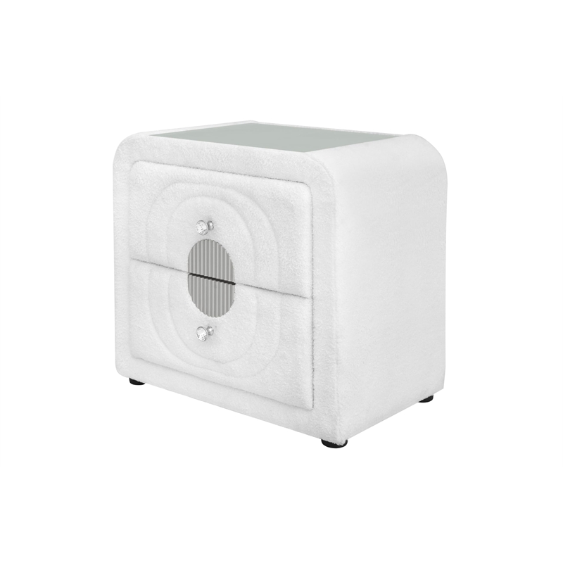 Bowery Hill Nightstand with Glass Top in White Teddy Sherpa and Chrome