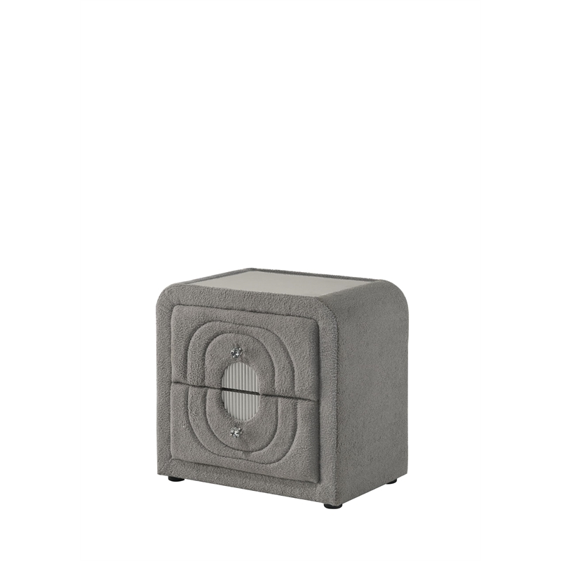 Bowery Hill Nightstand with Glass Top in Gray Teddy Sherpa and Chrome