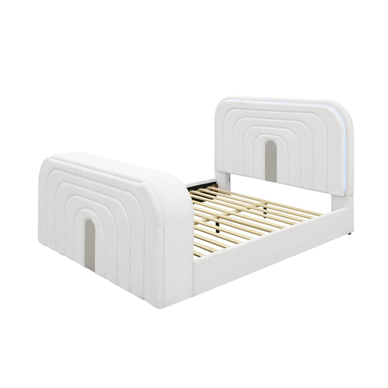 Bowery Hill Queen Bed with Fireplace in White Teddy Sherpa and Chrome