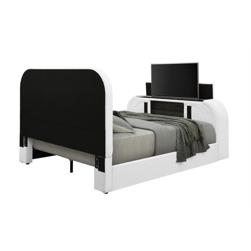 Bowery Hill Queen Bed with Fireplace in White Teddy Sherpa and Chrome