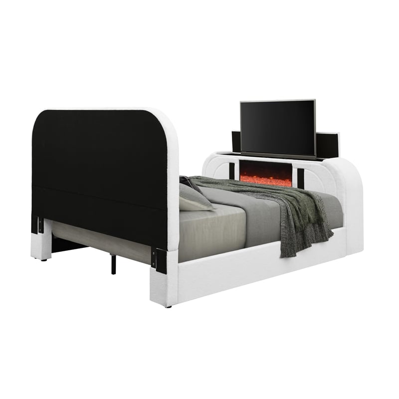 Bowery Hill Queen Bed with Fireplace in White Teddy Sherpa and Chrome