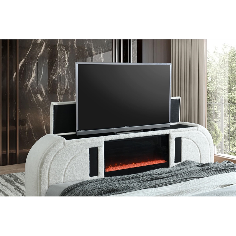 Bowery Hill Queen Bed with Fireplace in White Teddy Sherpa and Chrome
