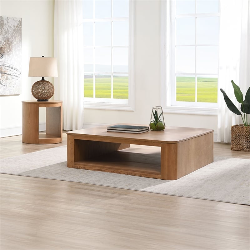 Bowery Hill Round Modern Wooden End Table with Hollow Base in Oak