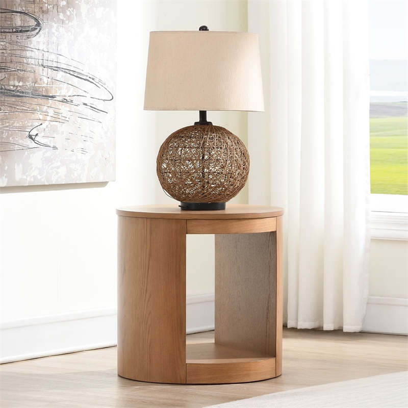 Bowery Hill Round Modern Wooden End Table with Hollow Base in Oak