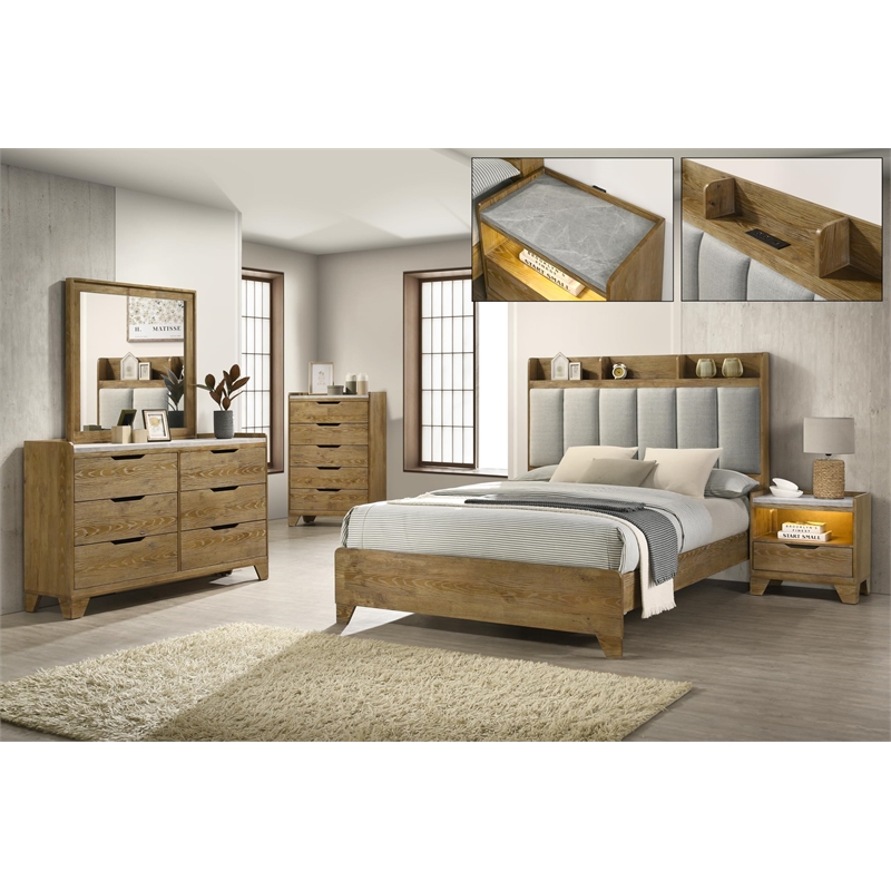 Bowery Hill Eastern King Bed with USB Ports in Light Aspen Brown