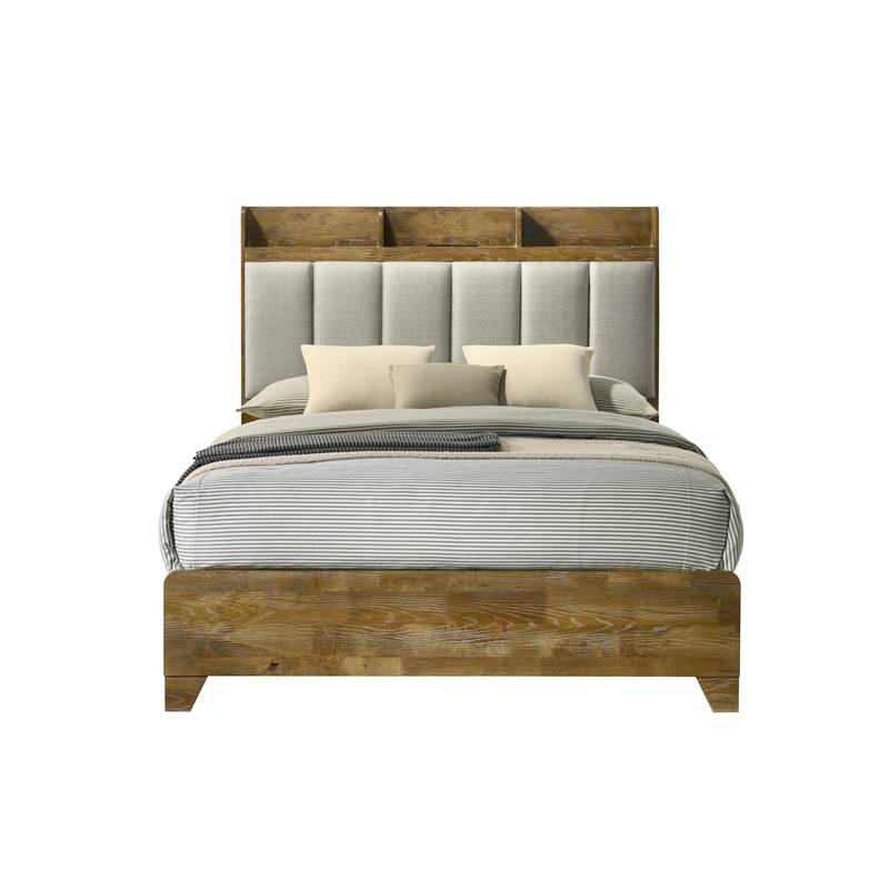 Bowery Hill Upholstered Queen Bed with USB Ports in Light Aspen Brown
