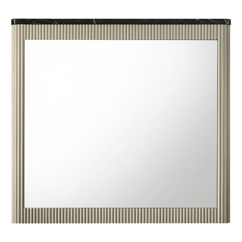 Bowery Hill Rectangular Wall Mirror with Marble-Look Trim in Gray and Beige